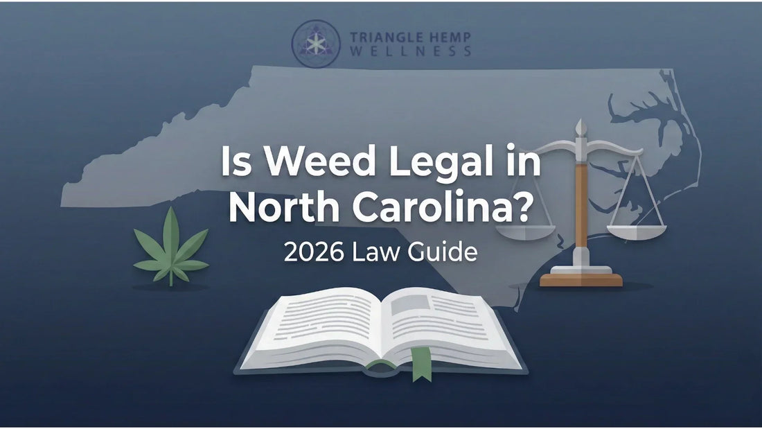 North Carolina marijuana law guide 2026 featured image with state outline and justice scale.
