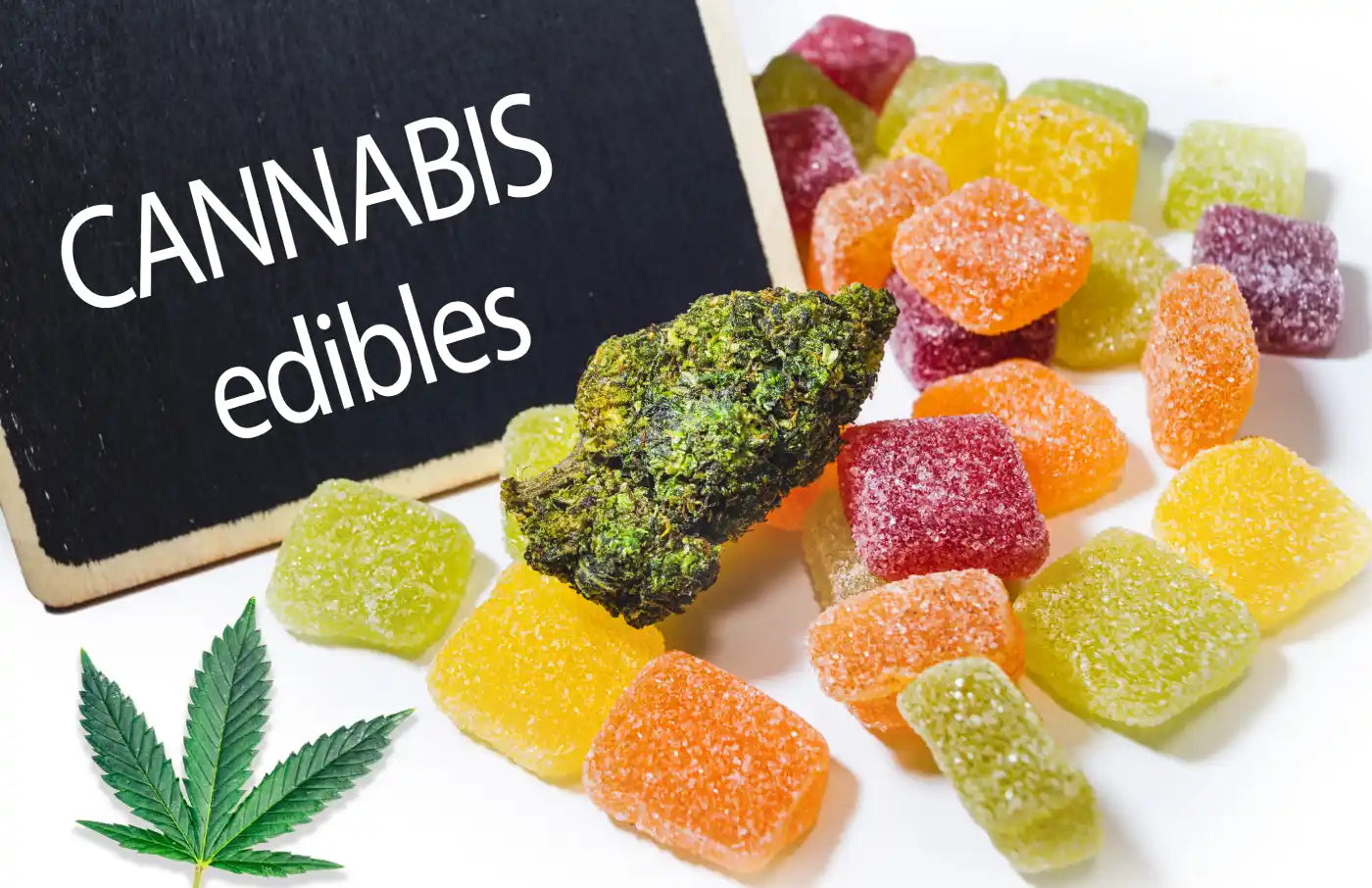 Colorful cannabis gummies with a marijuana bud and leaf beside a small sign reading “Cannabis edibles” on a white surface.