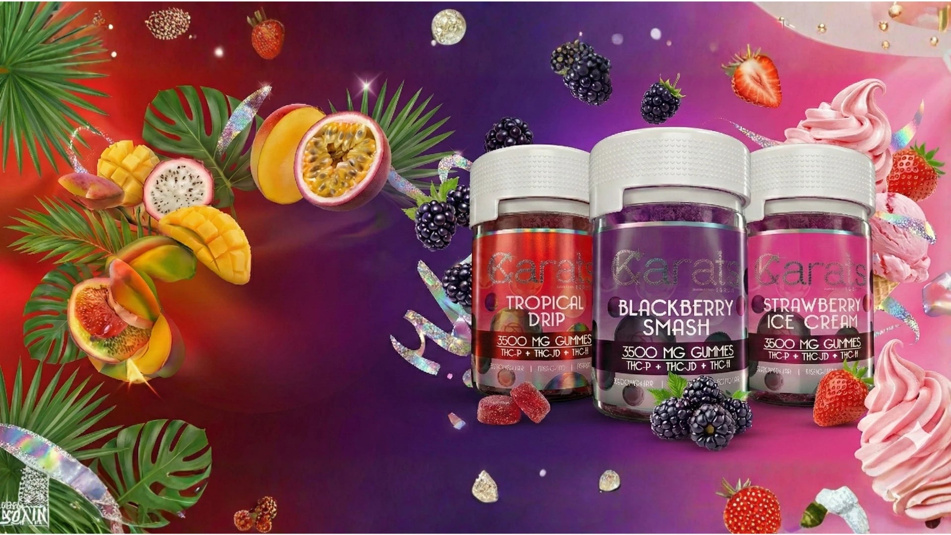 Three jars of Karats 3500mg high potency gummies lined up against a pink and red gradient background with holographic ribbons. The jars display labels for Tropical Drip, Blackberry Smash, and Strawberry Ice Cream flavors, featuring THC-P, THC-JD, and THC-H cannabinoid blends.