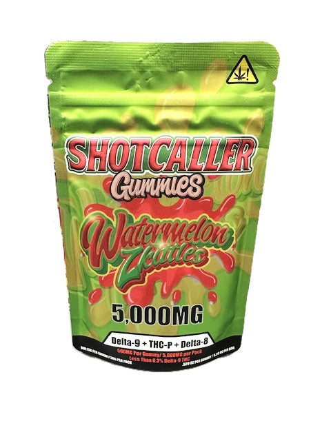 Green packaging of Shotcaller Gummies with watermelon flavor and 5.000MG content on a white background.